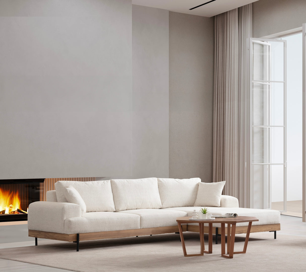 Moderne Ecksofa Rechts Eti Stoff Weiß - Holzrahmen