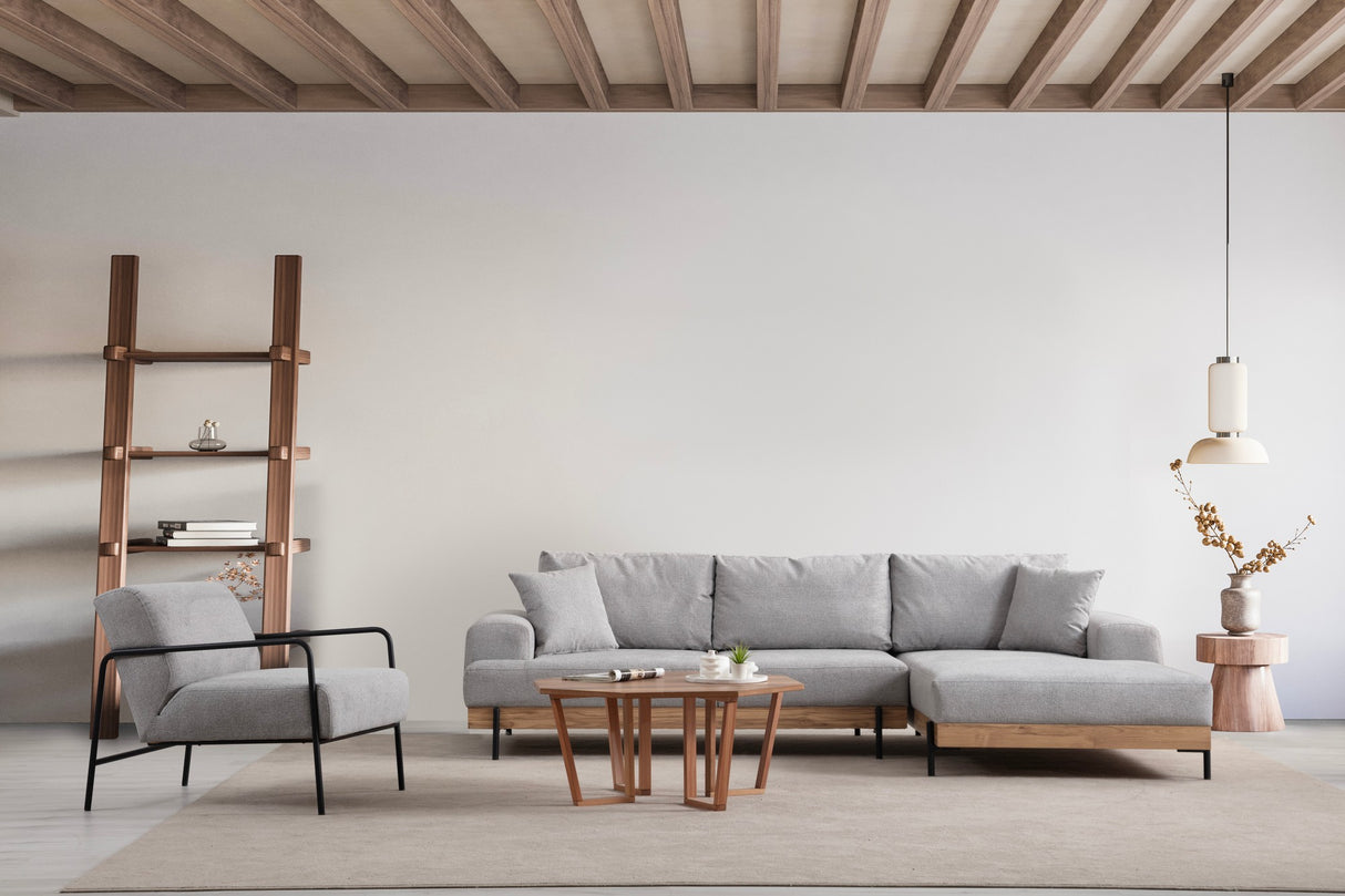 Moderne Ecksofa Rechts Eti Stoff Grau - Holzrahmen