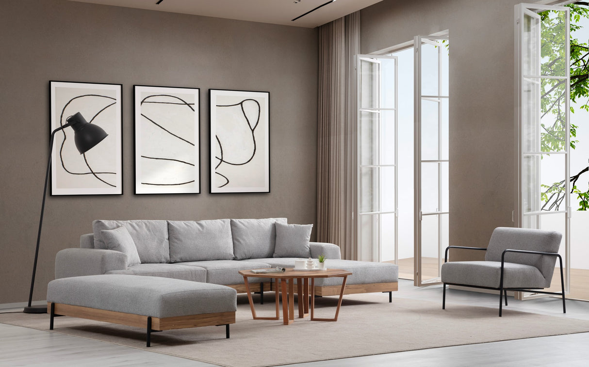 Moderne Ecksofa Rechts Eti Stoff Grau - Holzrahmen
