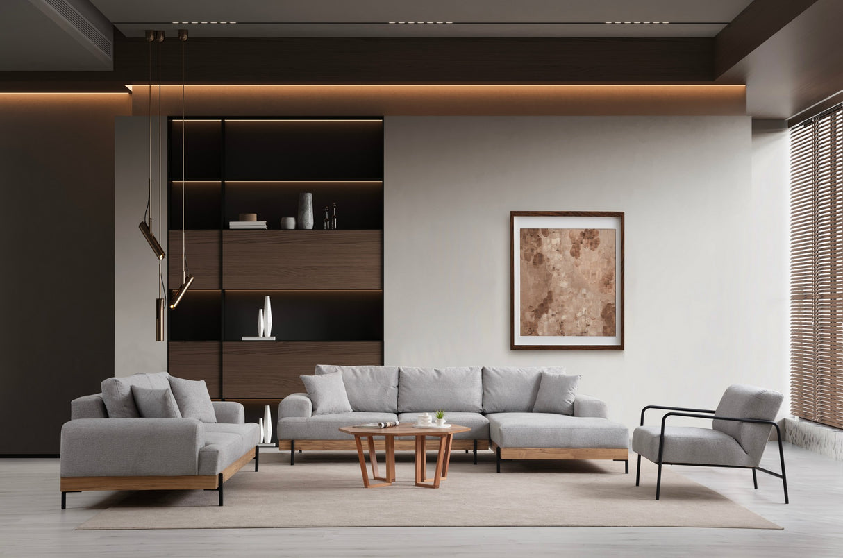 Moderne Ecksofa Rechts Eti Stoff Grau - Holzrahmen