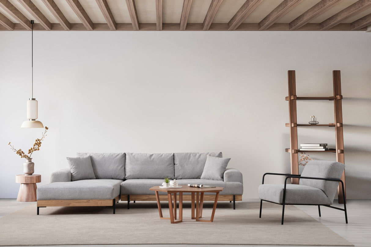 Moderne Ecksofa Links Eti Stoff Grau - Holzrahmen