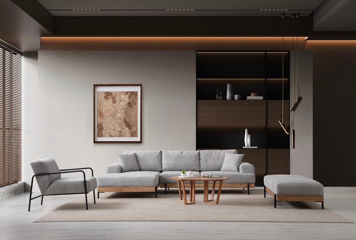 Moderne Ecksofa Links Eti Stoff Grau - Holzrahmen