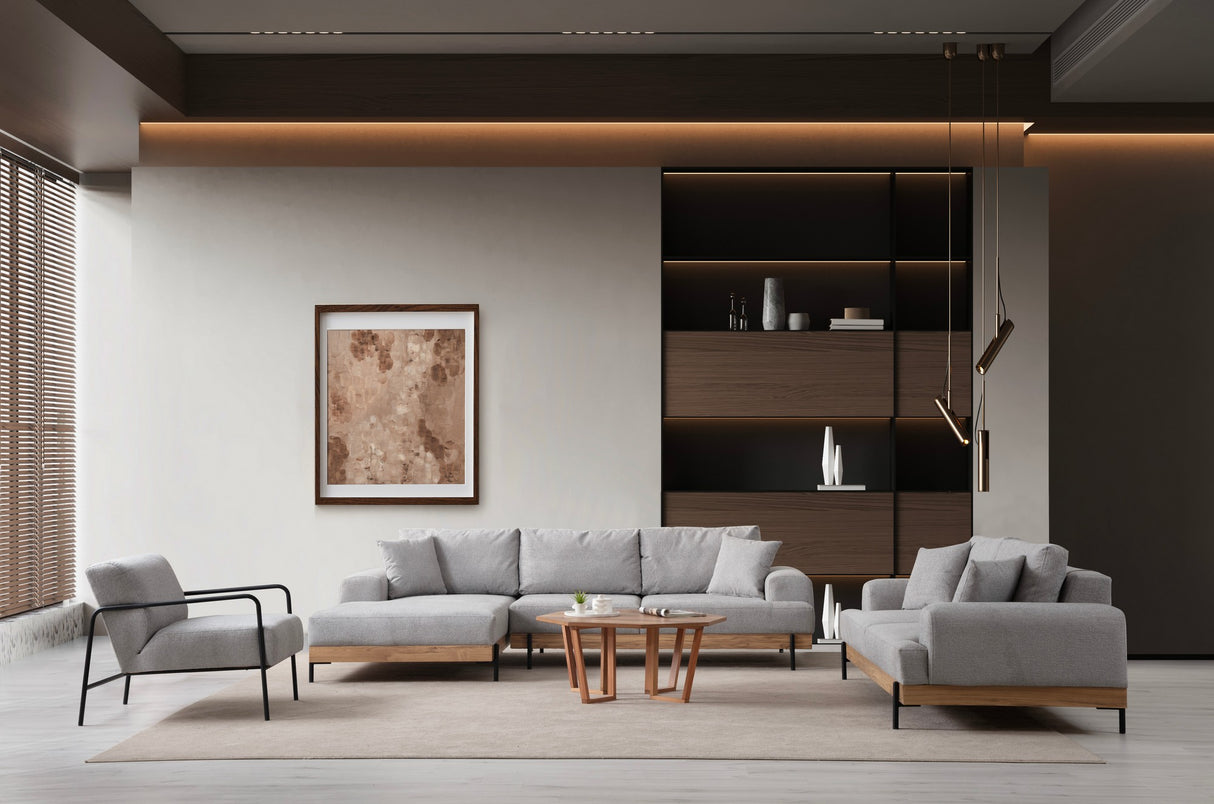 Moderne Ecksofa Links Eti Stoff Grau - Holzrahmen