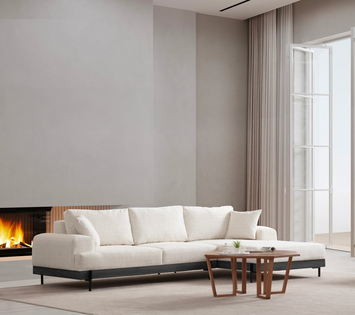 Moderne Ecksofa Rechts Eti Stoff Weiß - Schwarz Holzrahmen