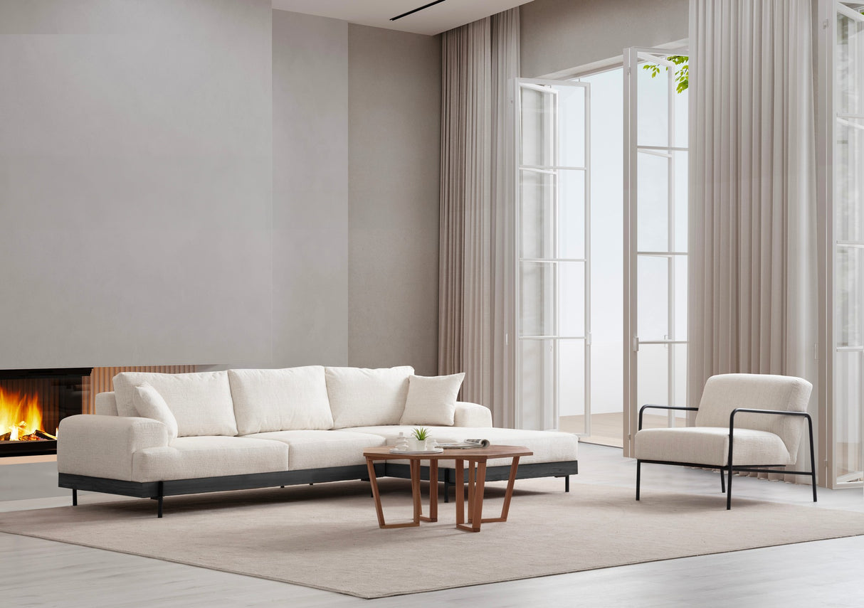 Moderne Ecksofa Rechts Eti Stoff Weiß - Schwarz Holzrahmen