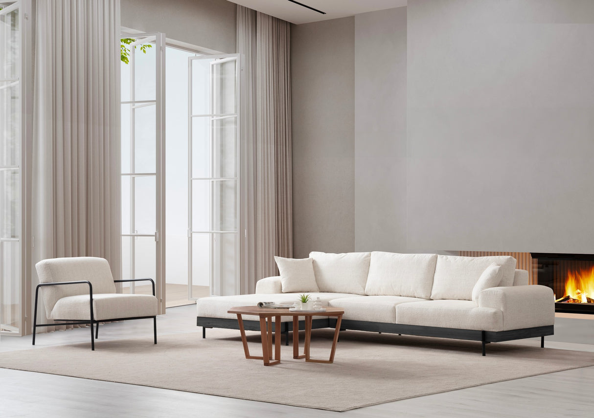Moderne Ecksofa Links Eti Stoff Weiß - Schwarz Holzrahmen