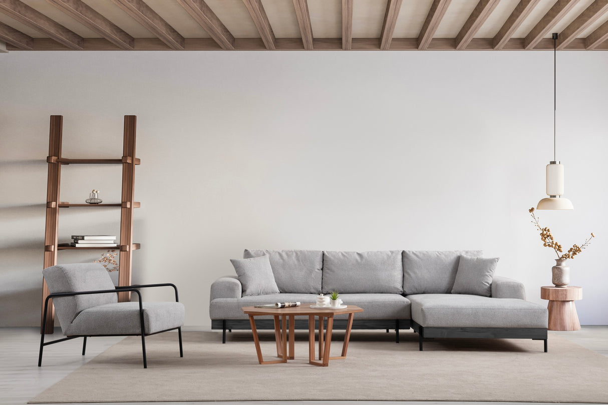 Moderne Ecksofa Rechts Eti Stoff Grau - Schwarzes Gestell