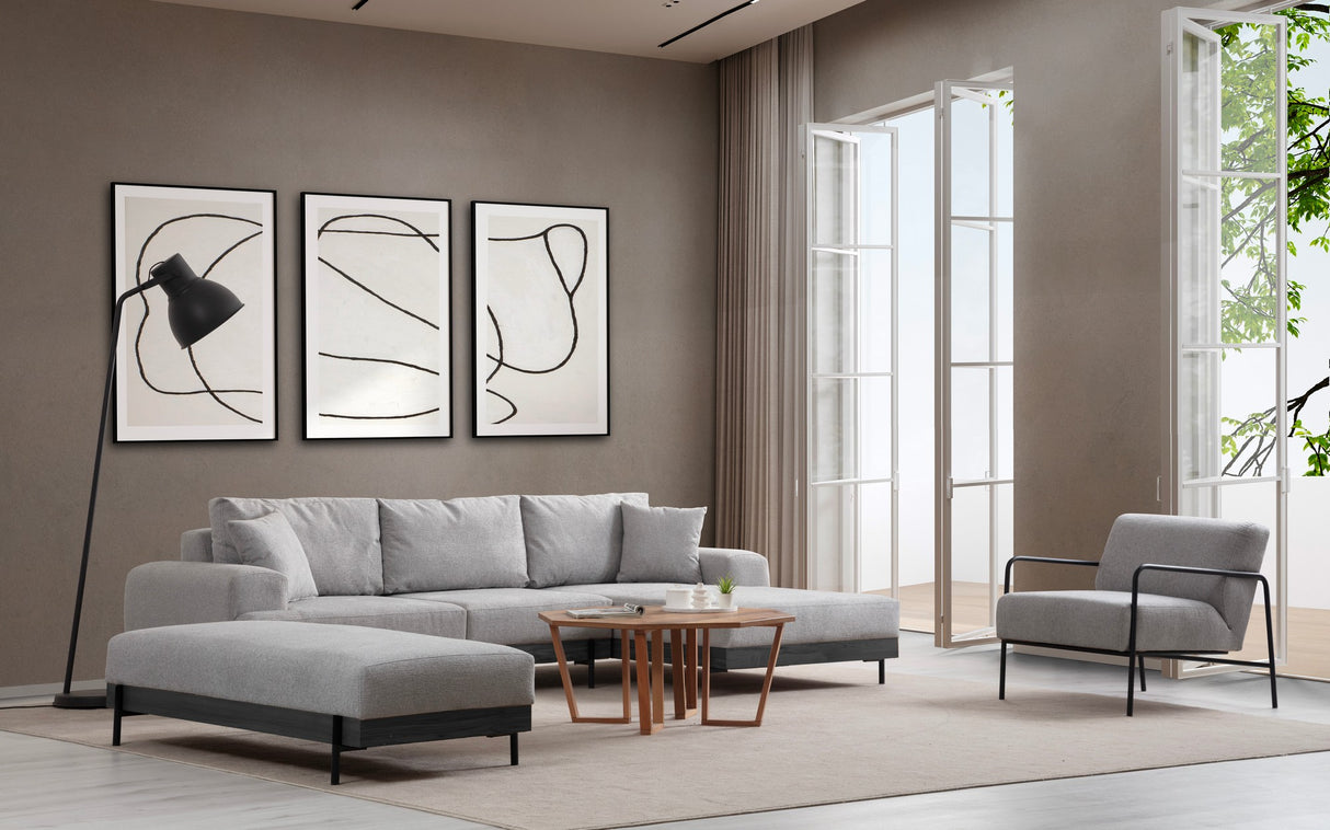 Moderne Ecksofa Rechts Eti Stoff Grau - Schwarzes Gestell
