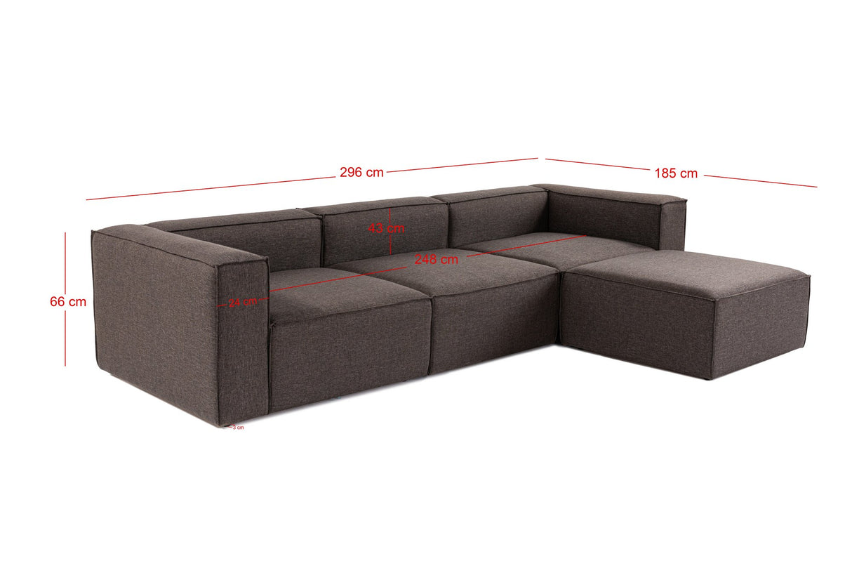 Modulares Ecksofa mit losen Hockern, dunkelbrauner Leinenstoff Fora