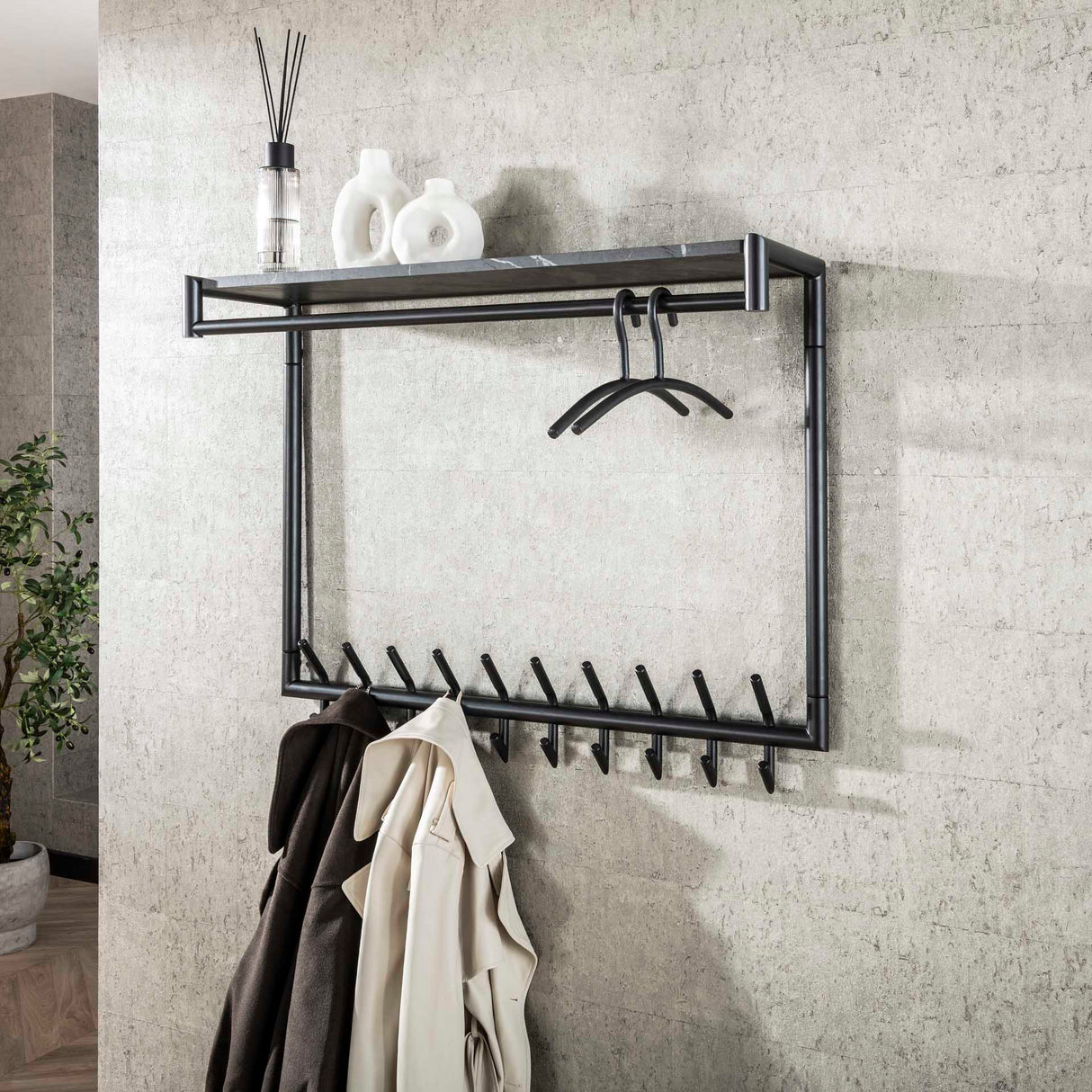 Kleiderständer Kimi 20-Haken Schwarz Keramik - Mit Stange und Hutablage