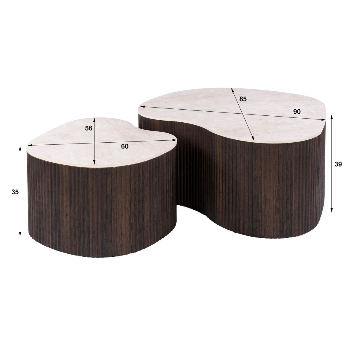 Set aus 2 Bio-Couchtischen Cruz Bold – Keramik Taj Mahal dunkelbraun, Holzoptik gerippt