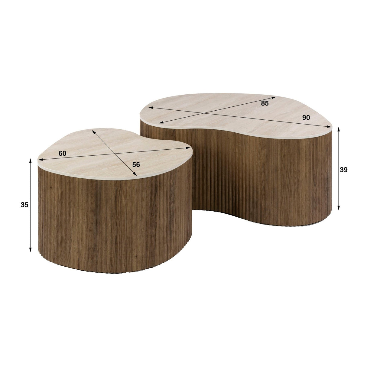 Set mit 2 Bio-Couchtischen Cruz Bold – Keramik Travertin-Eichenholzoptik gerippt