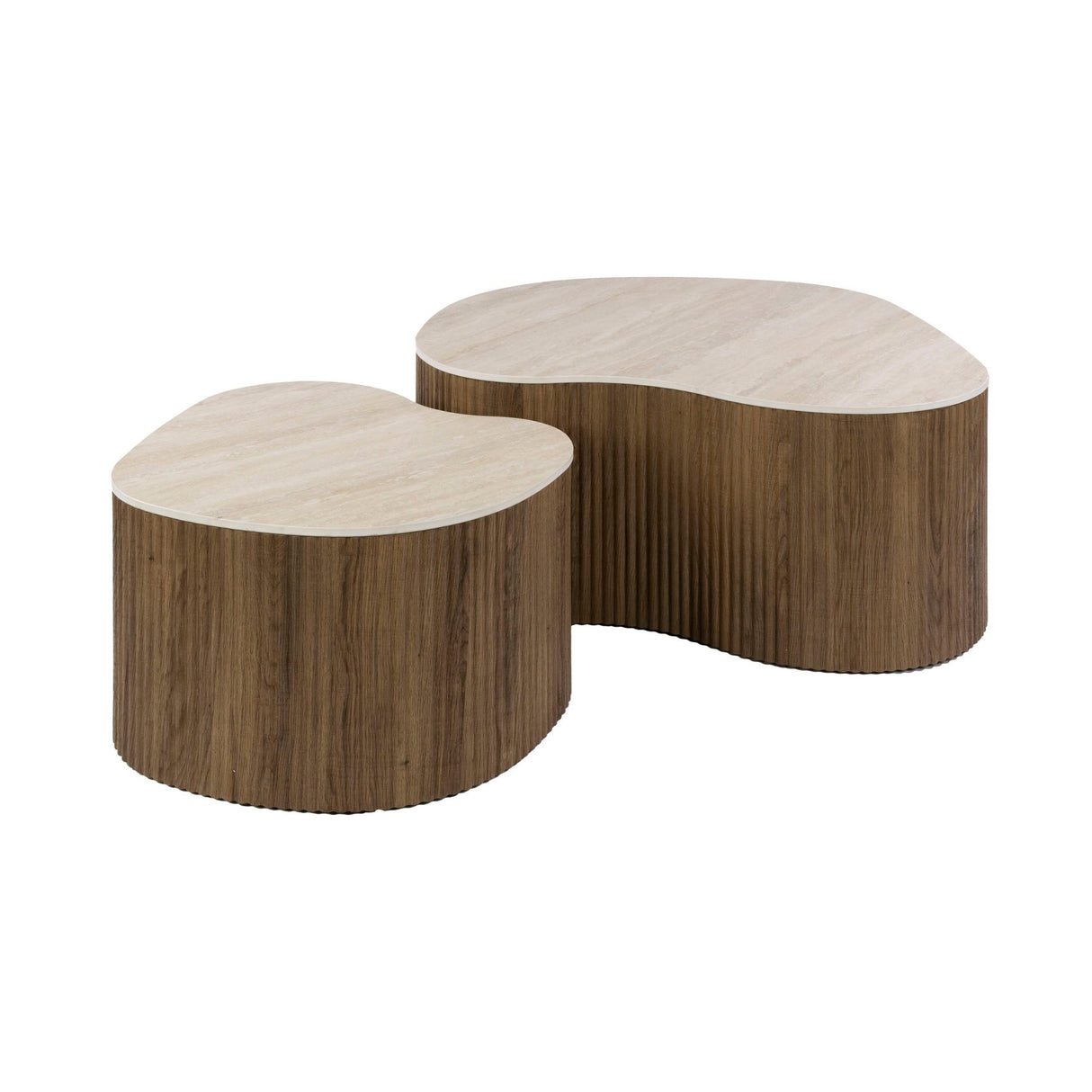 Set mit 2 Bio-Couchtischen Cruz Bold – Keramik Travertin-Eichenholzoptik gerippt