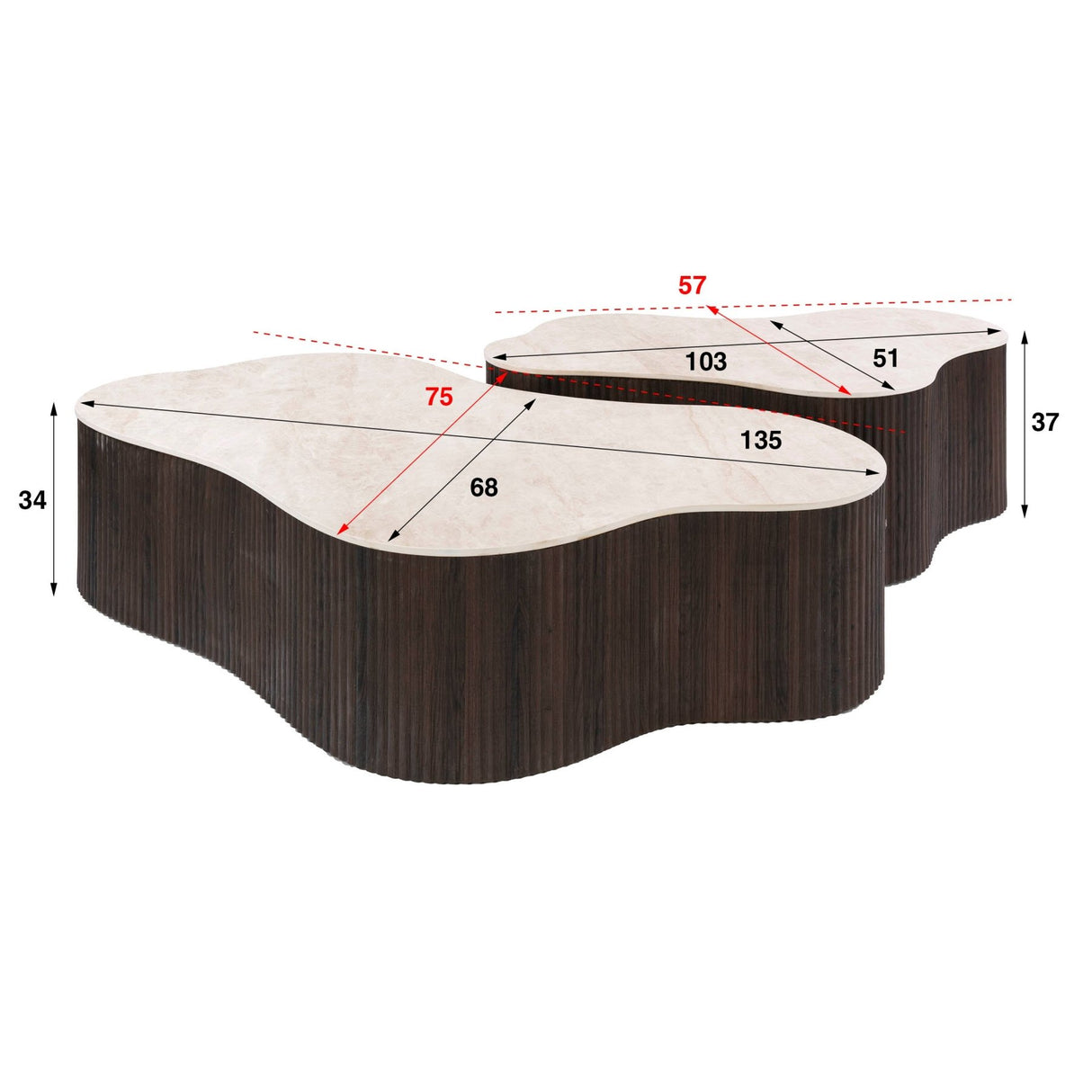 Witfoto met afmetingen set van 2 organische salontafels Cruz Grand met Taj Mahal keramiek bladen en donkerbruine ribbelbasis.