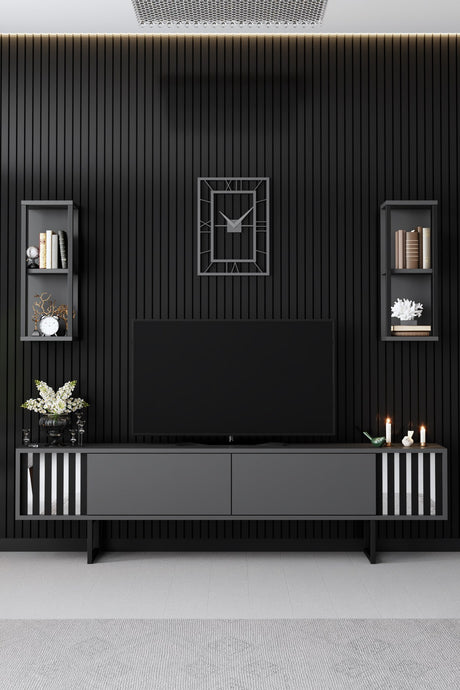 TV -Möbel Set Chrom Line Anthrazit schwarzes Melamin 180x48x30 cm
