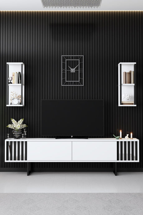 TV -Möbel Set Chrom Line Weiß schwarzes Melamin 180x48x30 cm