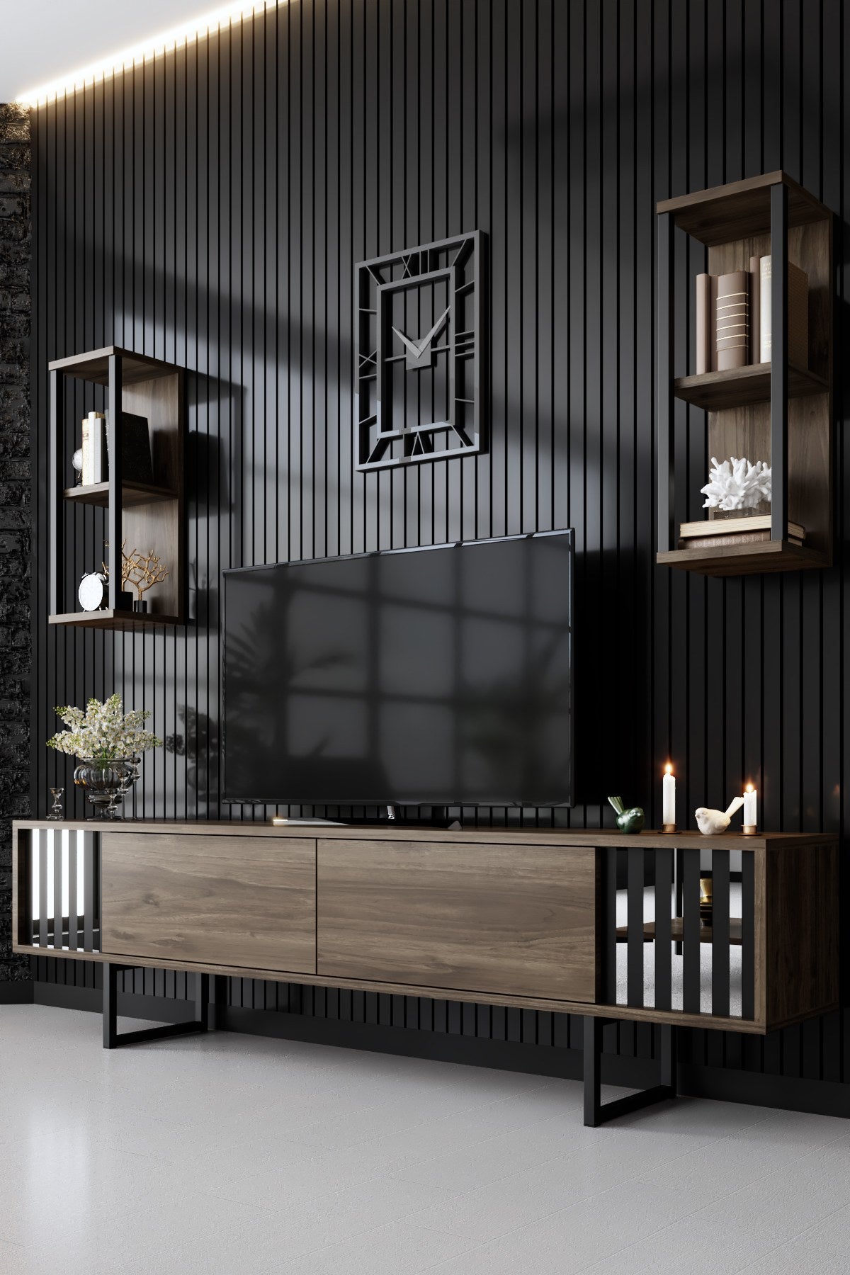 TV -Möbel Set Chrom Line Walnut Black Melamin 180x48x30 cm