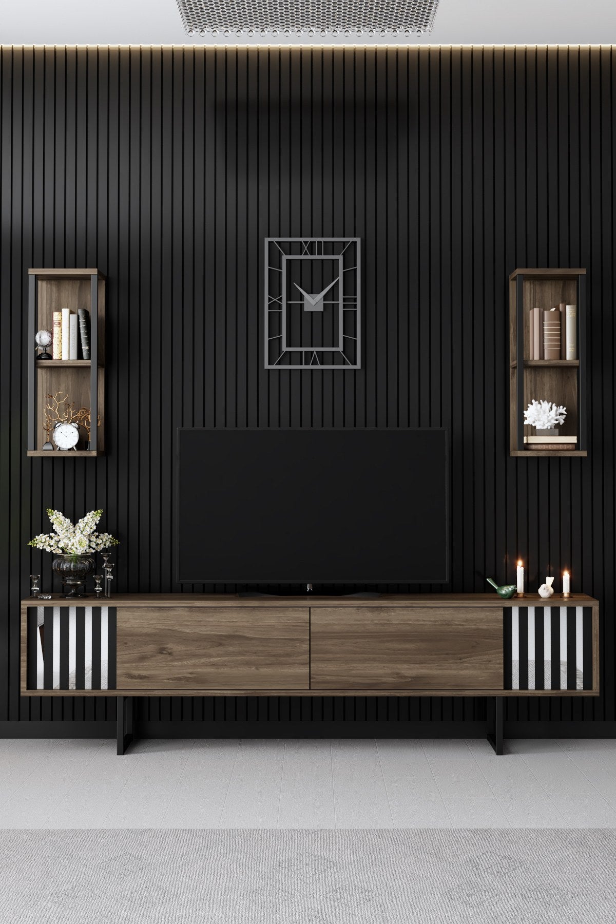 TV -Möbel Set Chrom Line Walnut Black Melamin 180x48x30 cm