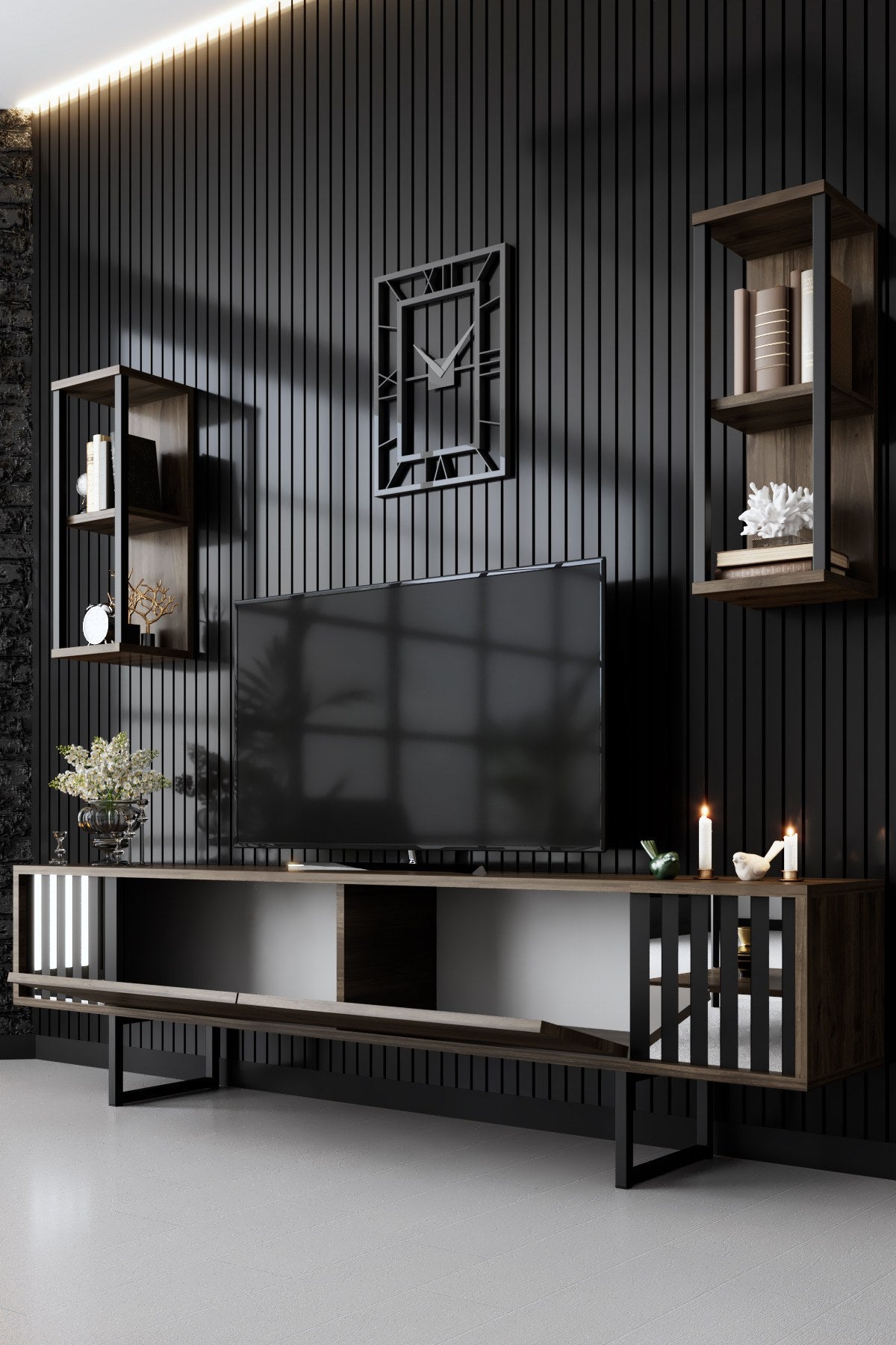 TV -Möbel Set Chrom Line Walnut Black Melamin 180x48x30 cm