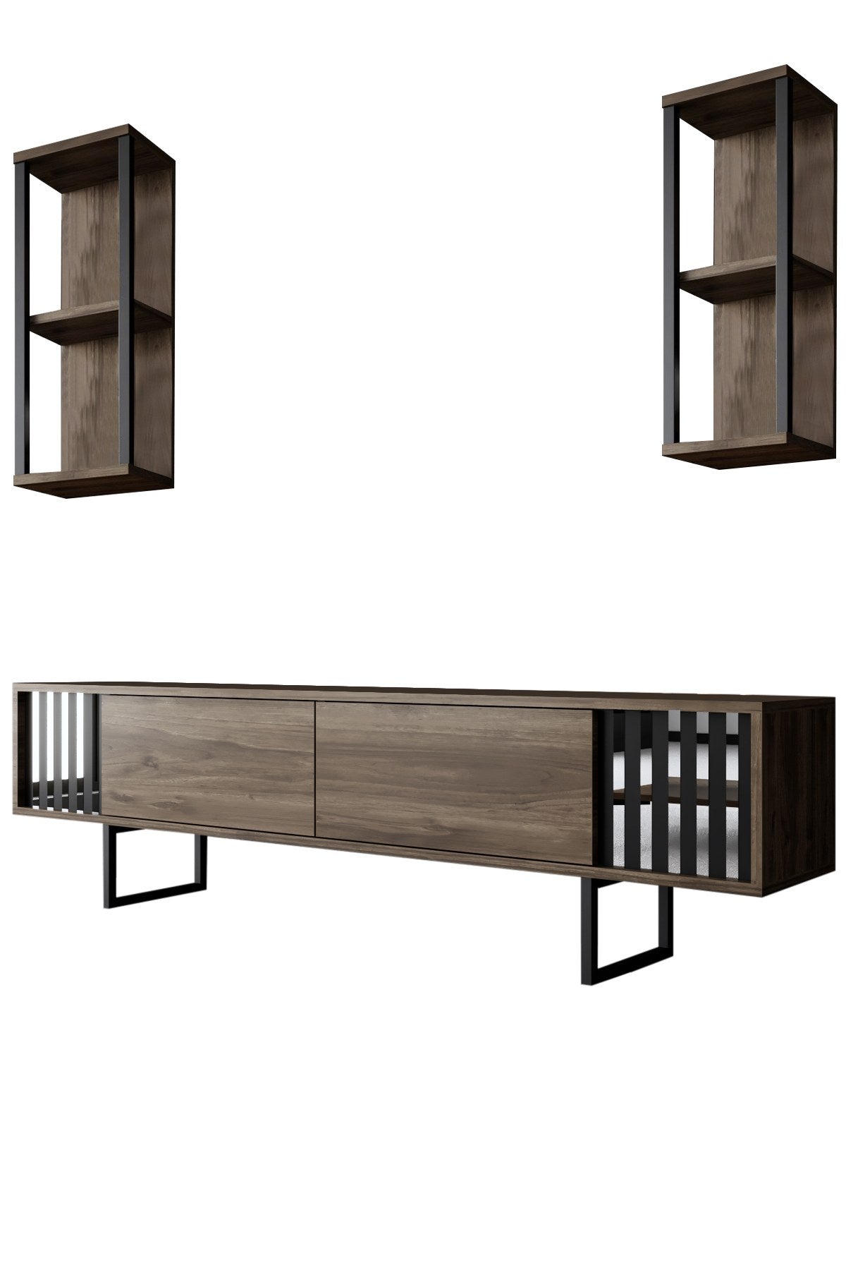 TV -Möbel Set Chrom Line Walnut Black Melamin 180x48x30 cm