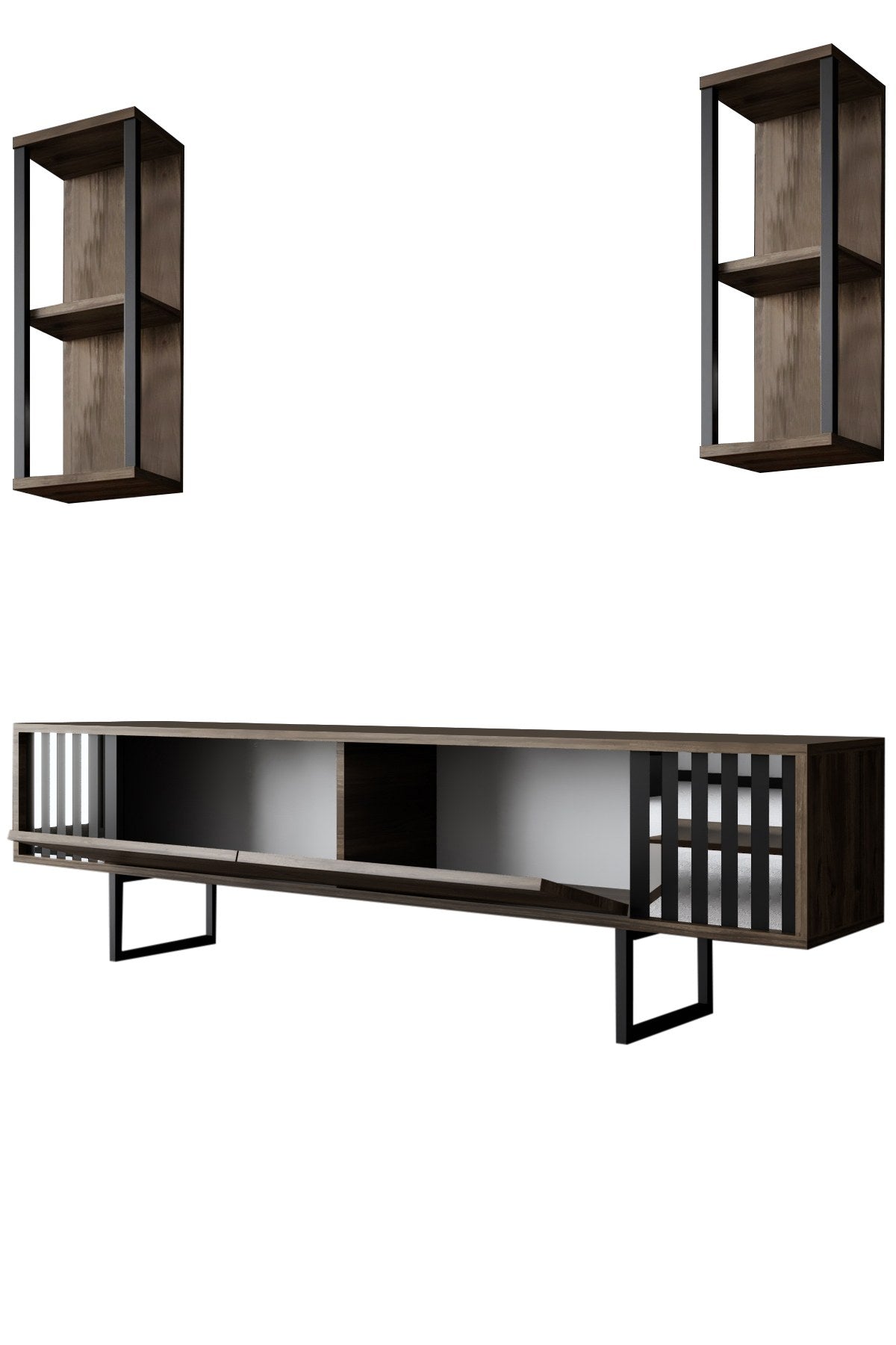 TV -Möbel Set Chrom Line Walnut Black Melamin 180x48x30 cm