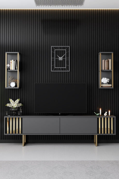 TV -Möbel Set Gold Line Anthrazite Schwarzes Melamin 180x48x30 cm