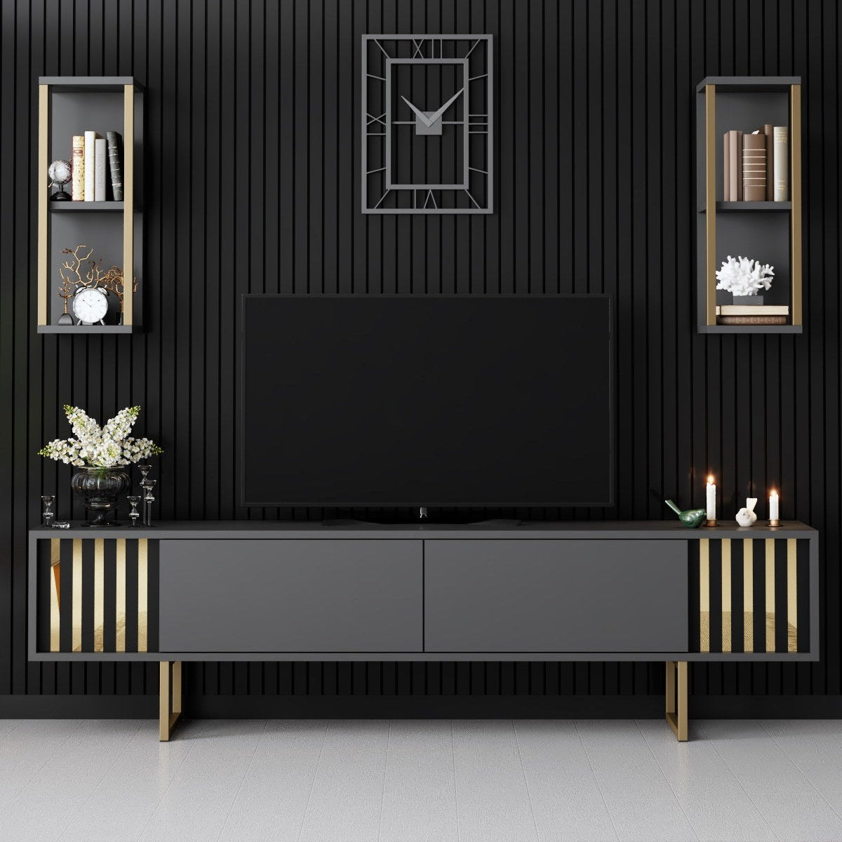 TV -Möbel Set Gold Line Anthrazite Schwarzes Melamin 180x48x30 cm