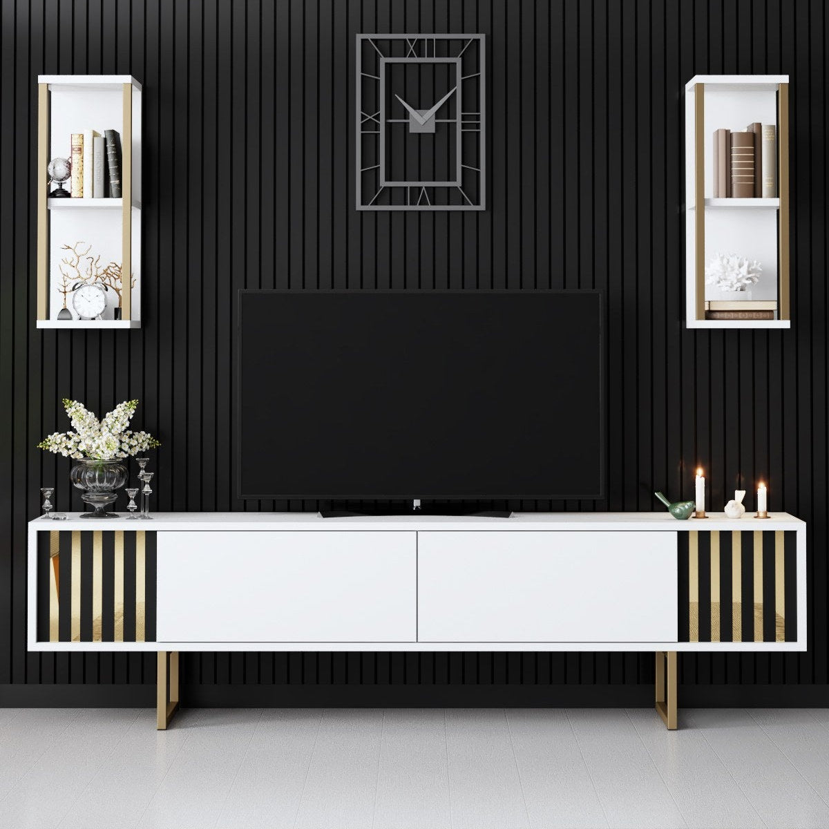 TV -Möbel Set Gold Line White Black Melamin 180x48x30 cm