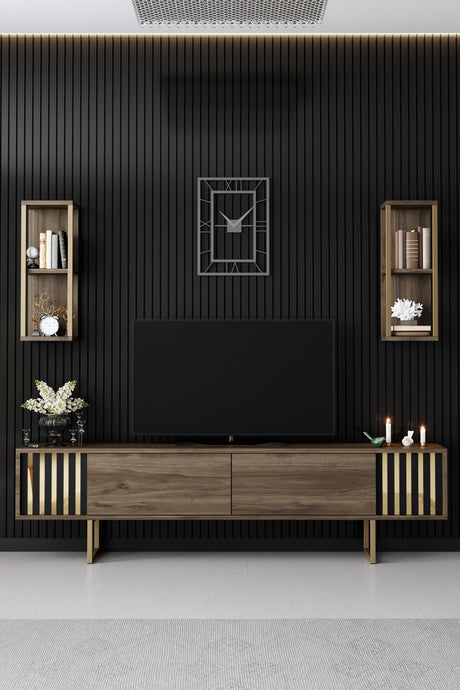 TV -Möbel Set Gold Line Walnut Black Melamin 180x48x30 cm