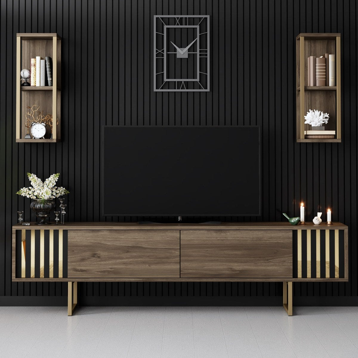 TV -Möbel Set Gold Line Walnut Black Melamin 180x48x30 cm