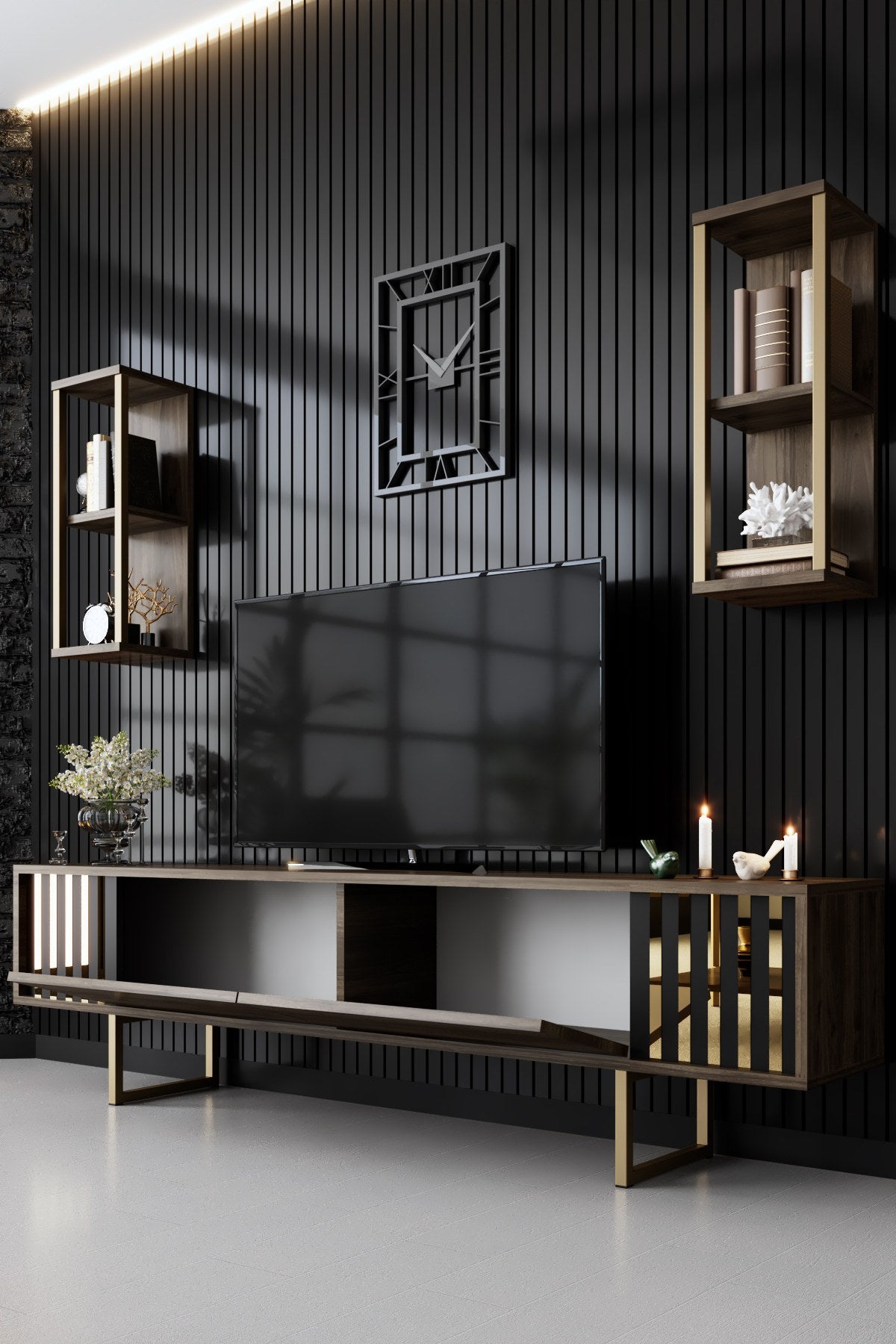TV -Möbel Set Gold Line Walnut Black Melamin 180x48x30 cm