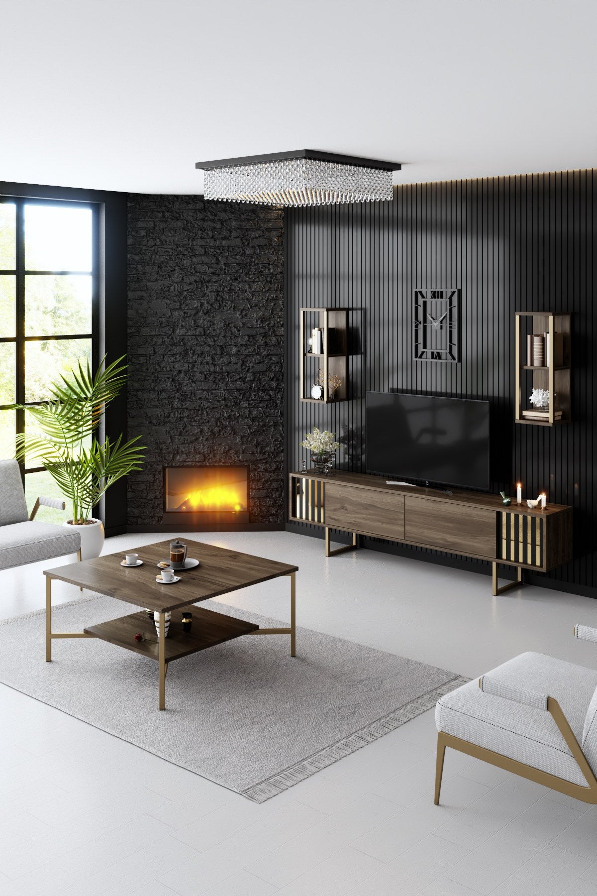TV -Möbel Set Gold Line Walnut Black Melamin 180x48x30 cm