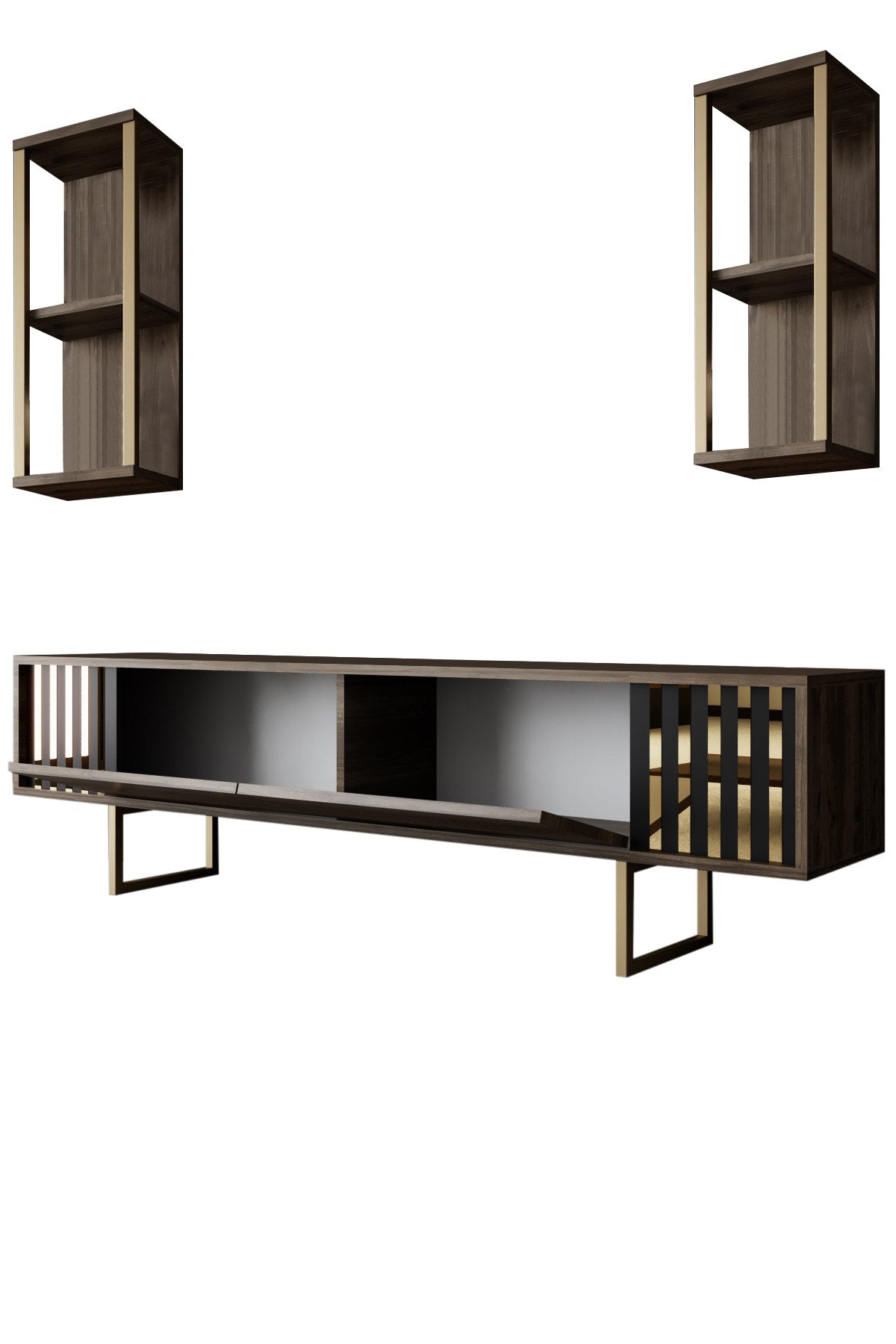 TV -Möbel Set Gold Line Walnut Black Melamin 180x48x30 cm