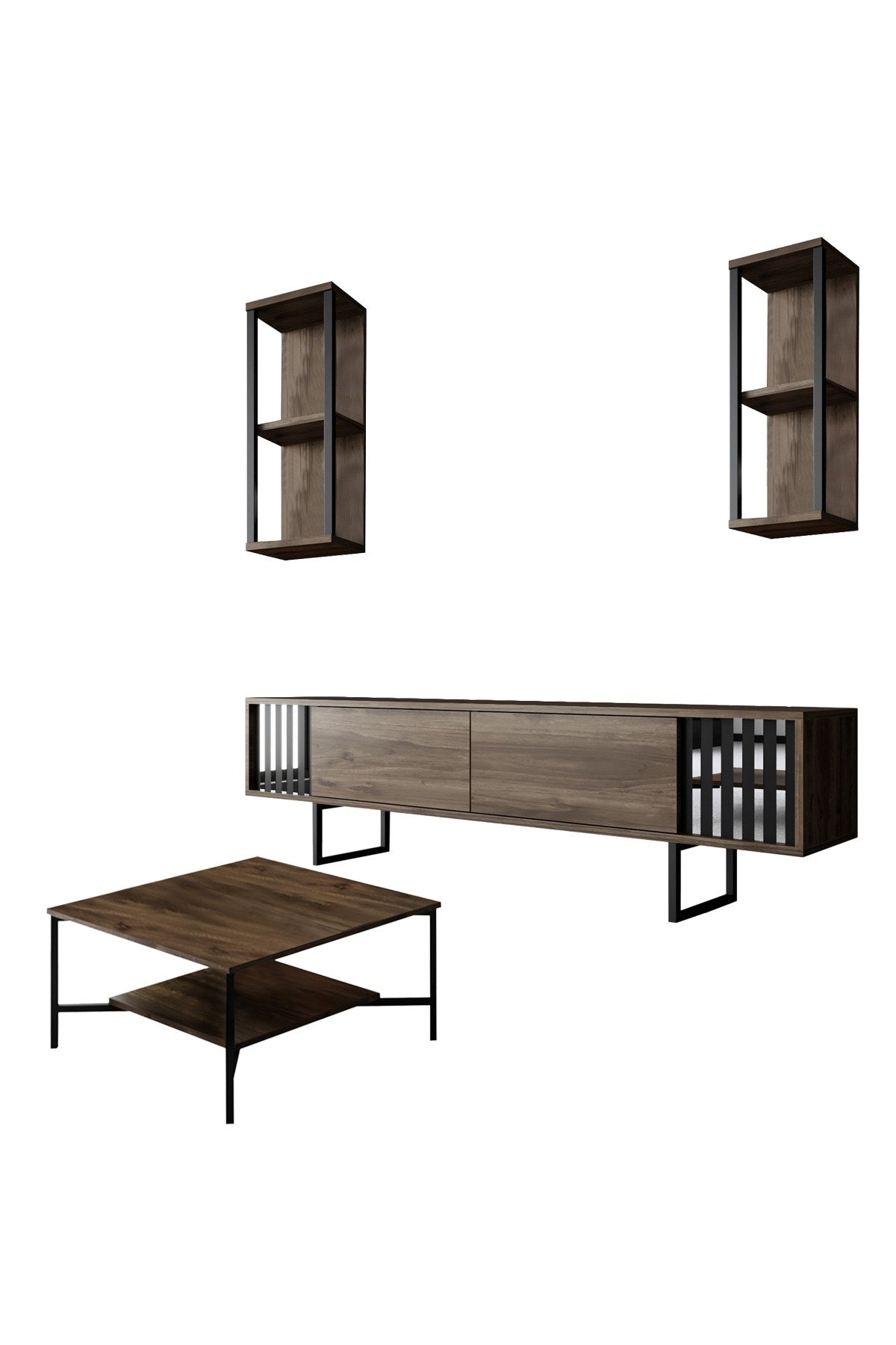 Möbelset Walnuss-Schwarz - Chrome Line - Couchtisch + TV-Möbel