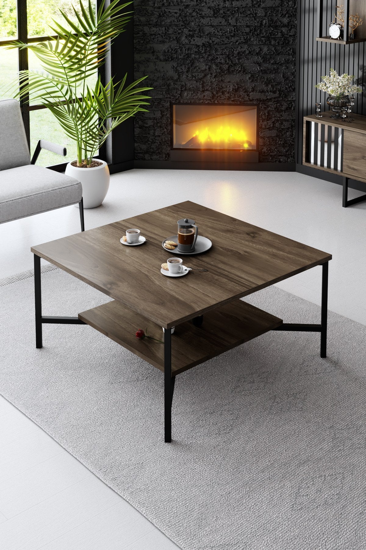 Möbelset Walnuss-Schwarz - Chrome Line - Couchtisch + TV-Möbel