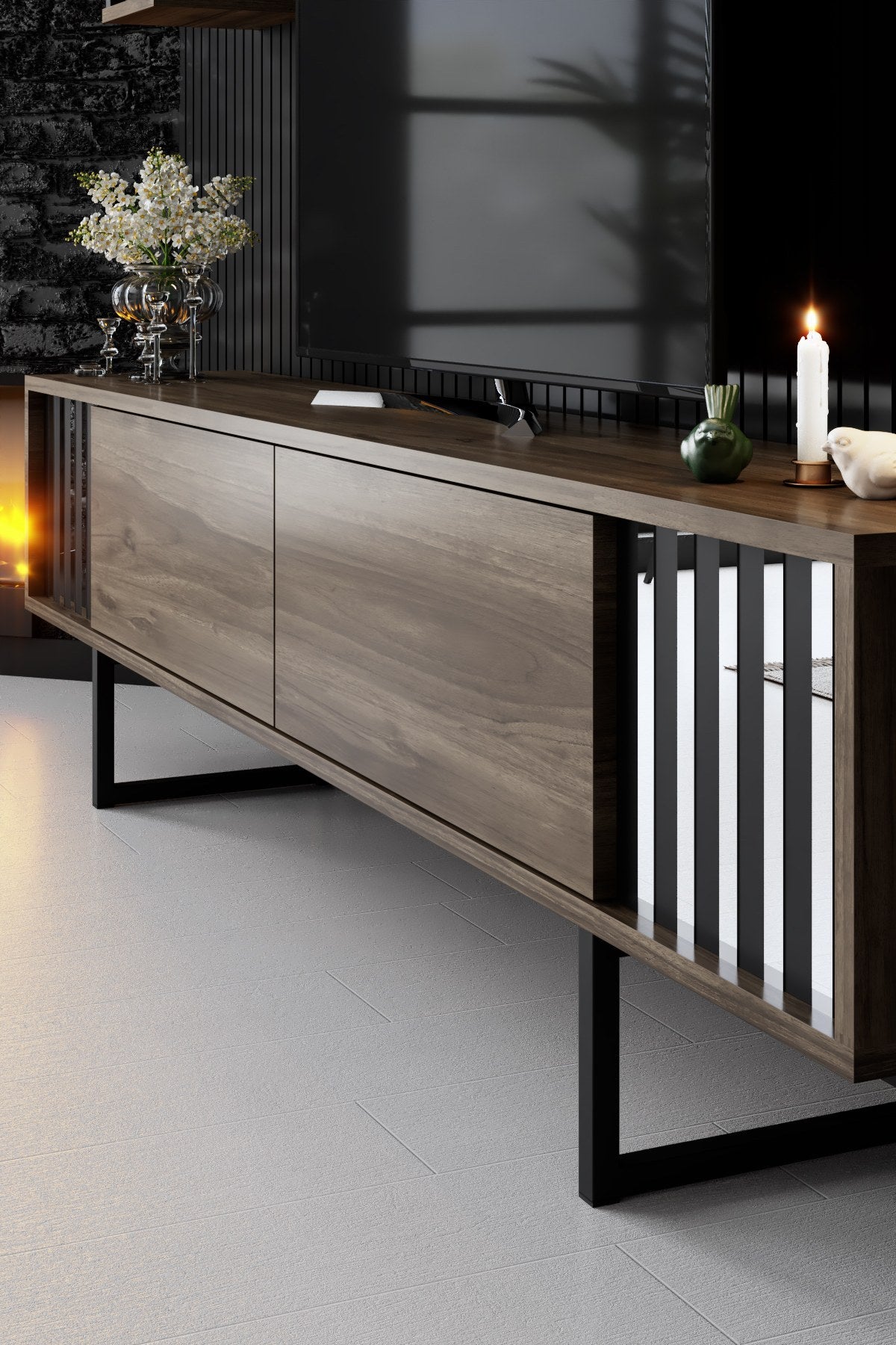 Möbelset Walnuss-Schwarz - Chrome Line - Couchtisch + TV-Möbel