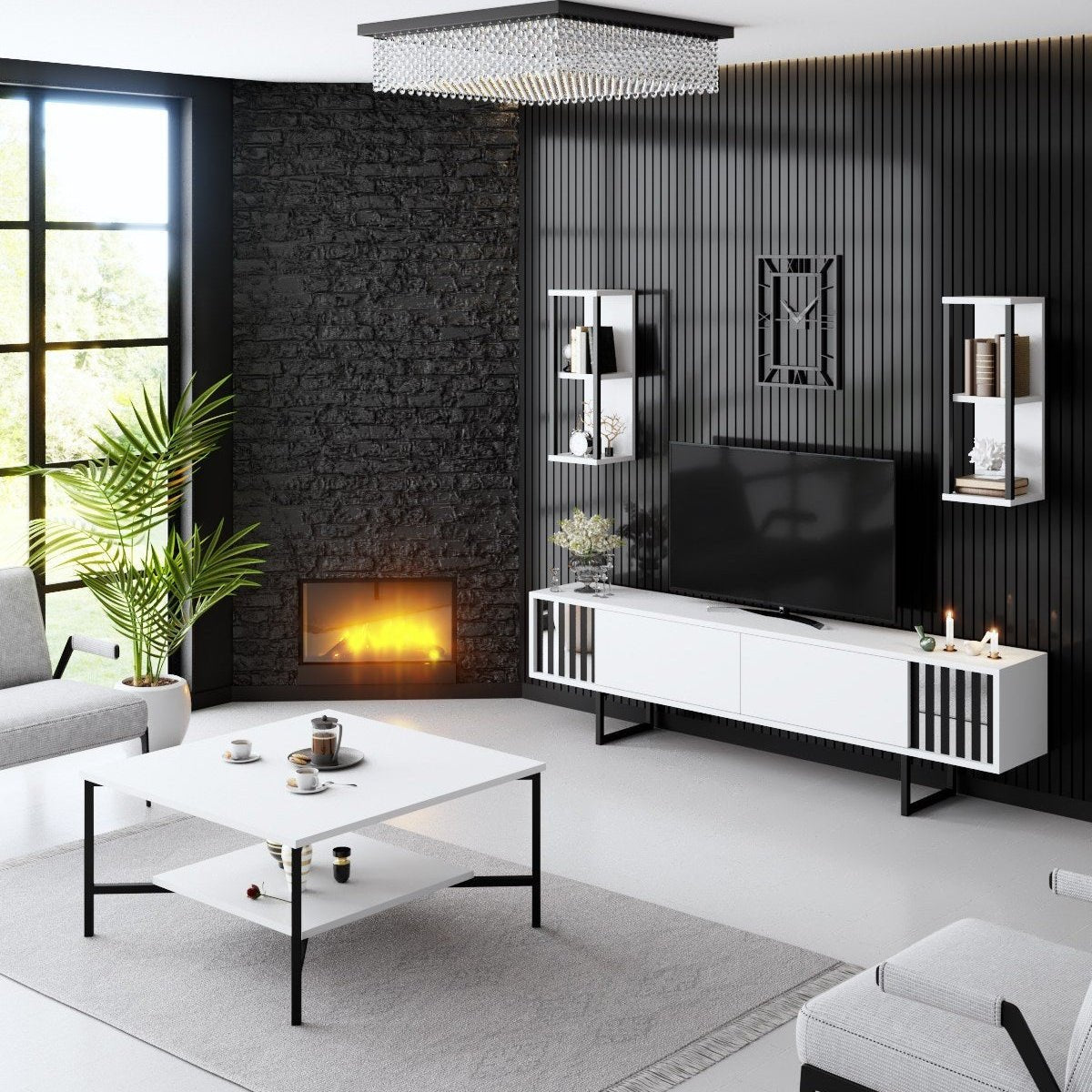 Möbelset Weiß-Schwarz - Chrome Line - Couchtisch + TV-Schrank