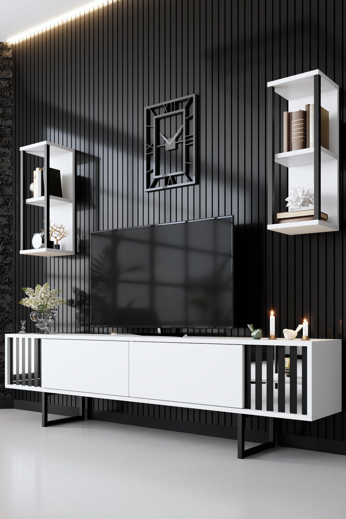 Möbelset Weiß-Schwarz - Chrome Line - Couchtisch + TV-Schrank