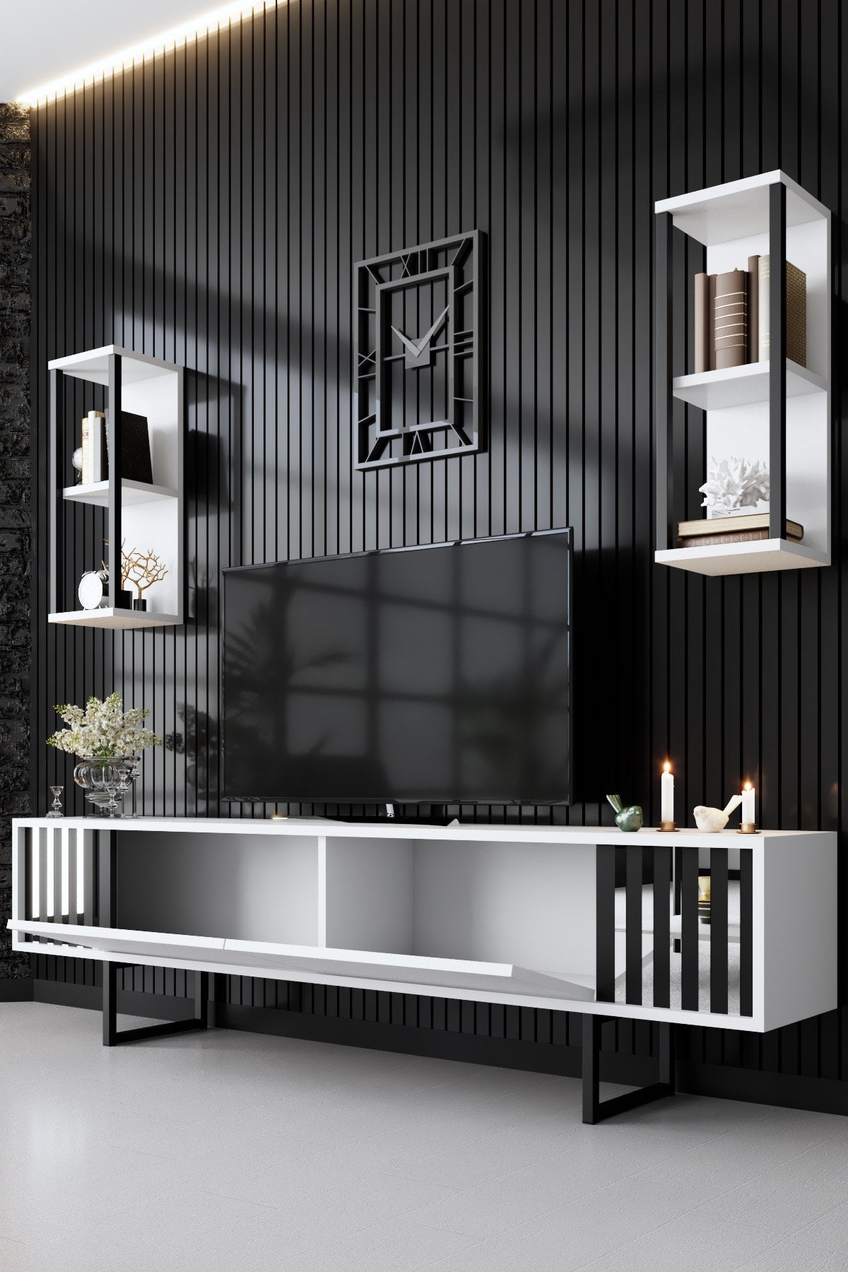 Möbelset Weiß-Schwarz - Chrome Line - Couchtisch + TV-Schrank