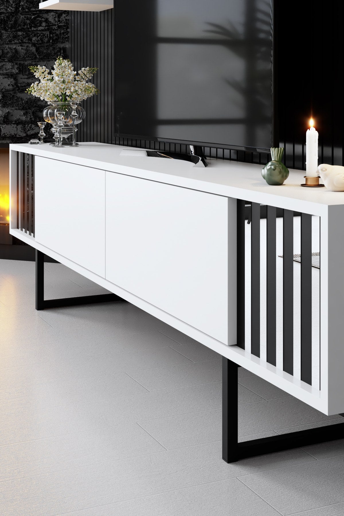 Möbelset Weiß-Schwarz - Chrome Line - Couchtisch + TV-Schrank