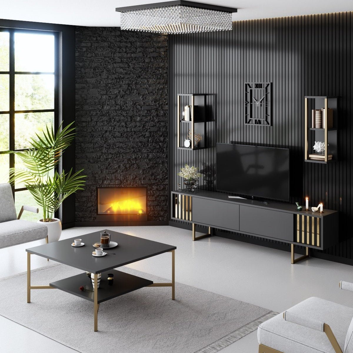 Meubelsets - Meubelset Antraciet - Goud - Gold Line - Salontafel + TV Meubel - Dimehouse