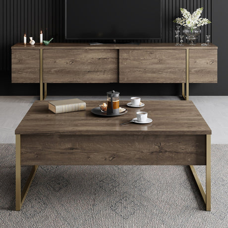 Luxus-Möbelset aus Walnussholz – Couchtisch + TV-Schrank – Goldener Rahmen