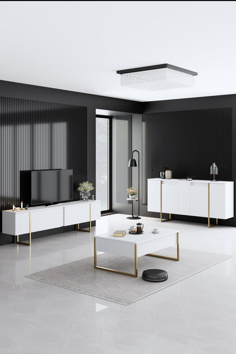 Moderne Kommode Weiß Luxus 160x80x35 - Goldener Rahmen