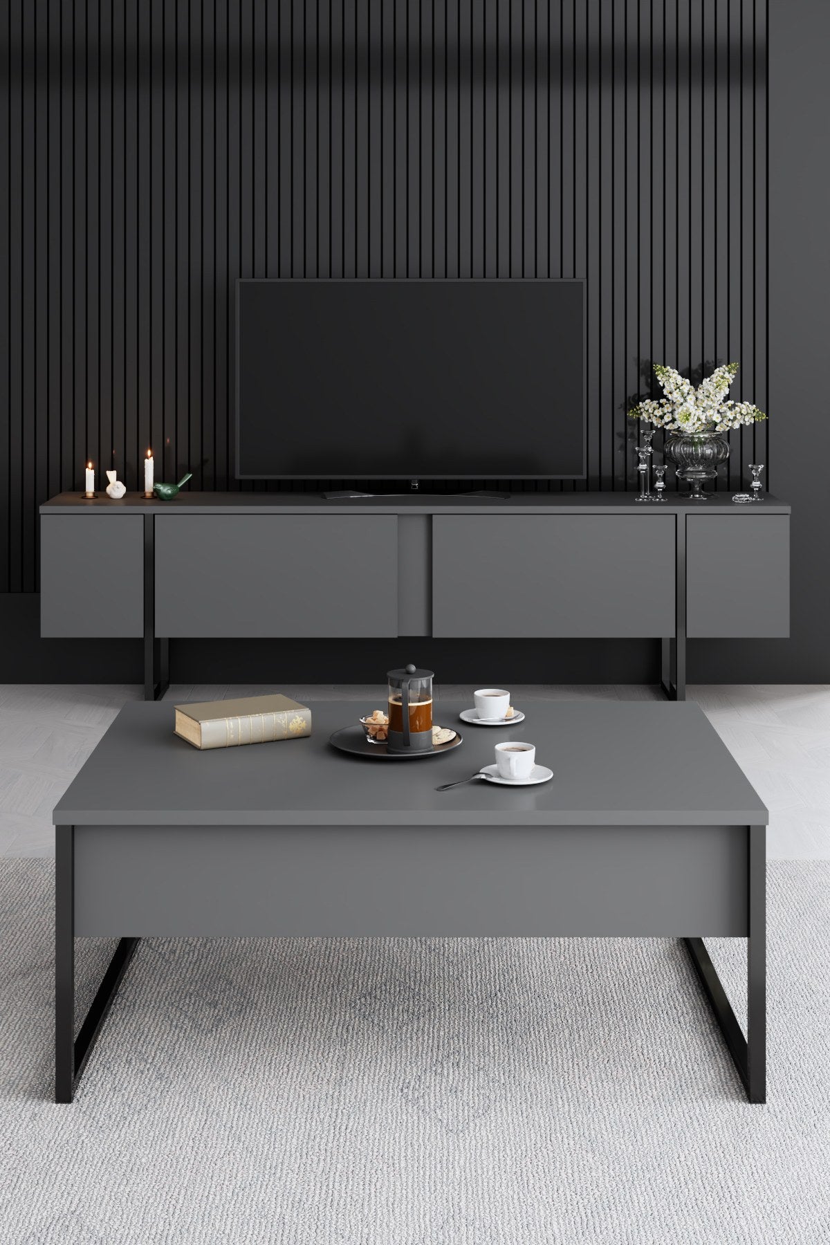 Möbelset Anthrazit Luxus - Couchtisch + TV-Schrank + Sideboard - Schwarzer Rahmen
