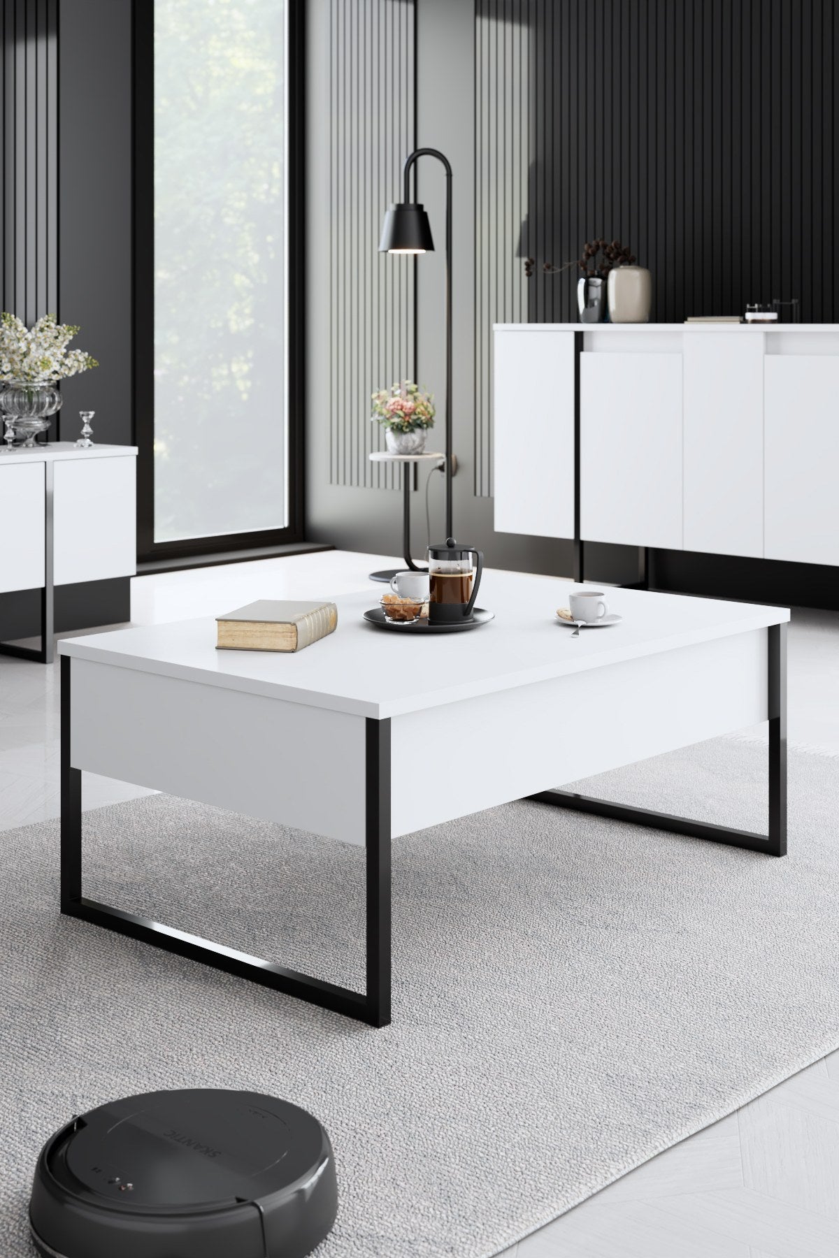 Möbelset White Luxury - Couchtisch + TV-Schrank + Sideboard - Schwarzer Rahmen