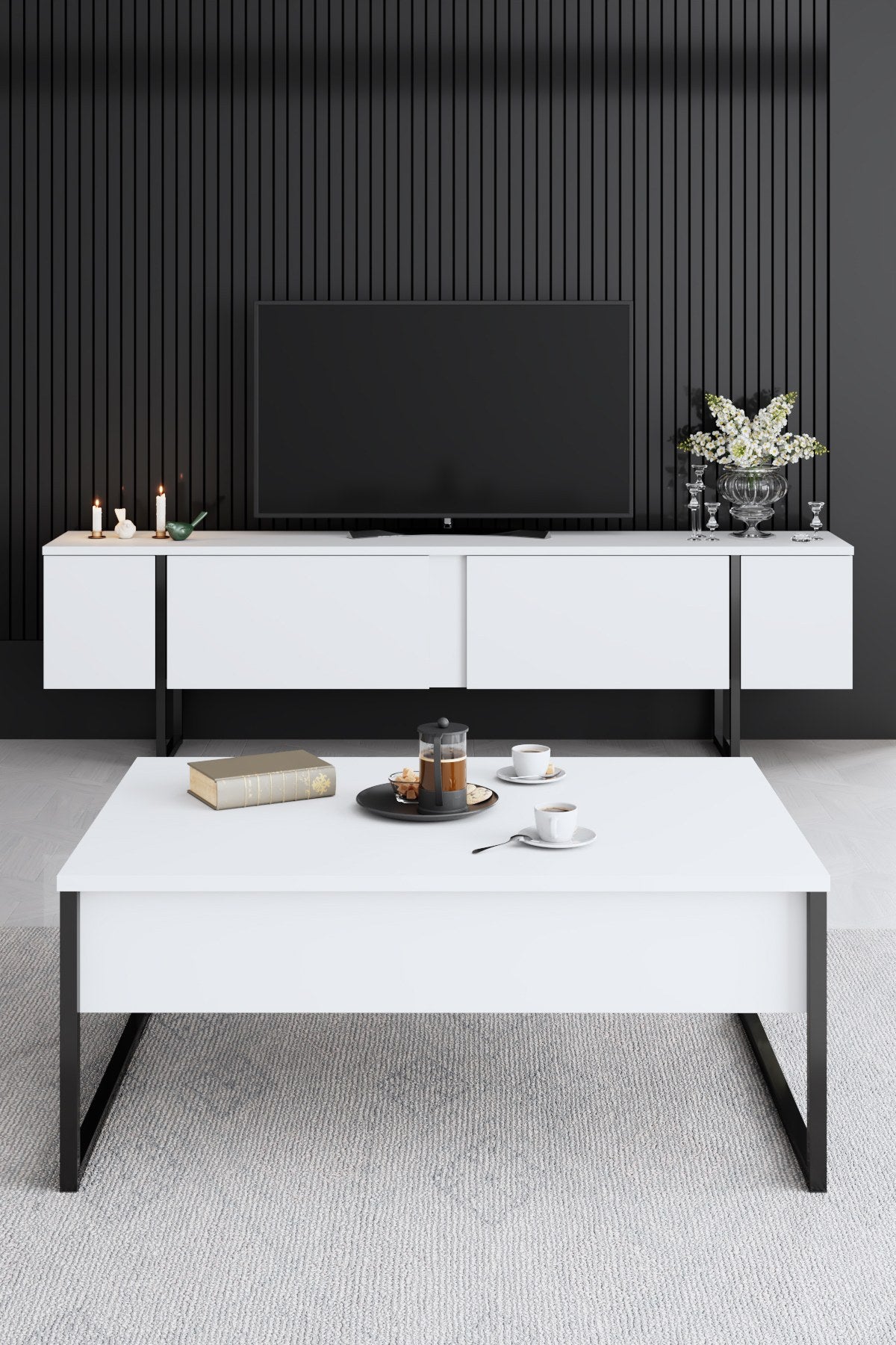 Möbelset White Luxury - Couchtisch + TV-Schrank + Sideboard - Schwarzer Rahmen