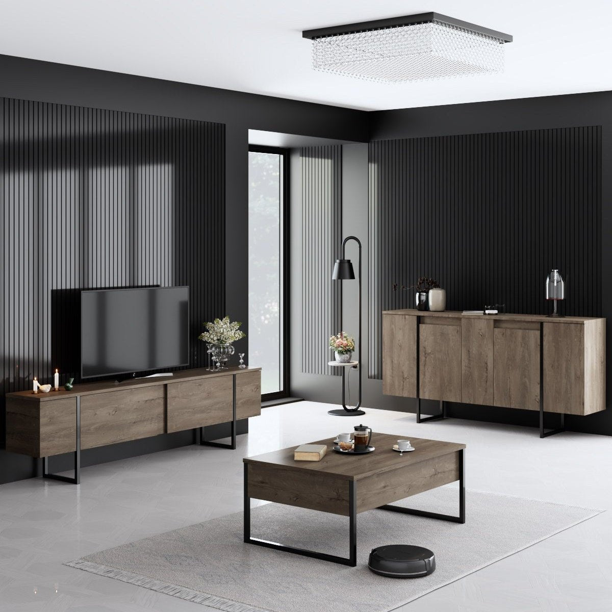 Luxus-Möbelset aus Walnussholz – Couchtisch + TV-Schrank + Sideboard – schwarzer Rahmen