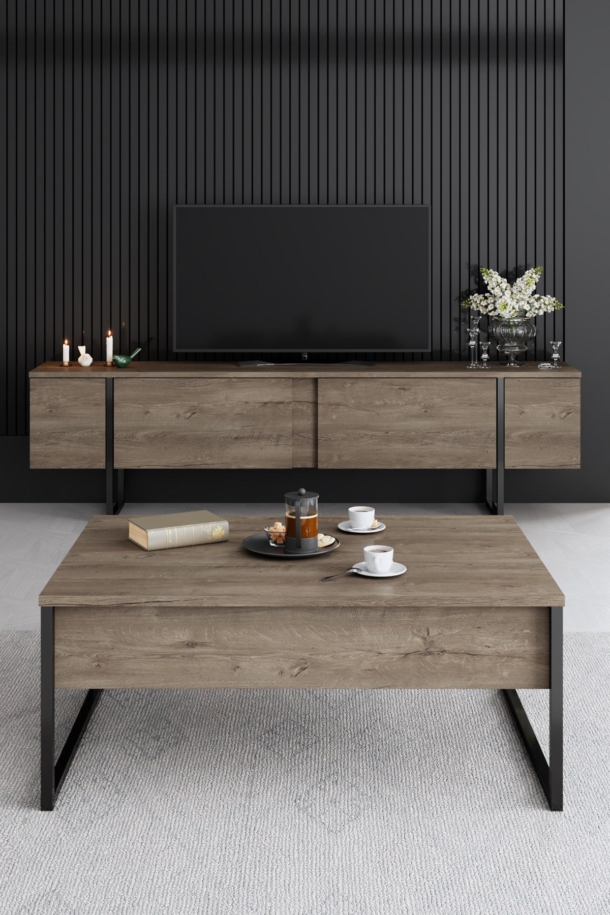 Luxus-Möbelset aus Walnussholz – Couchtisch + TV-Schrank + Sideboard – schwarzer Rahmen