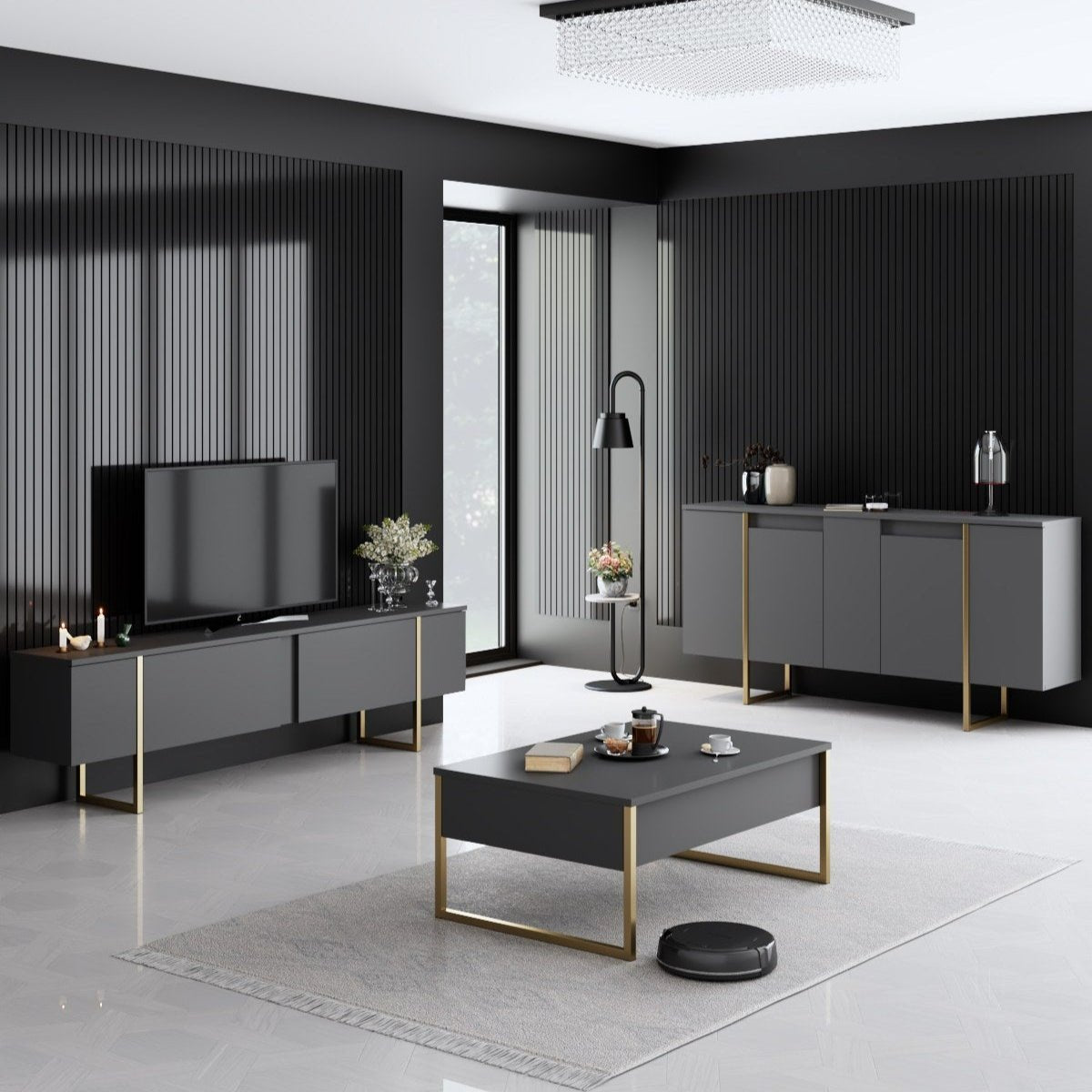 Möbelset Anthrazit Luxus - Couchtisch + TV-Schrank + Sideboard - Goldener Rahmen