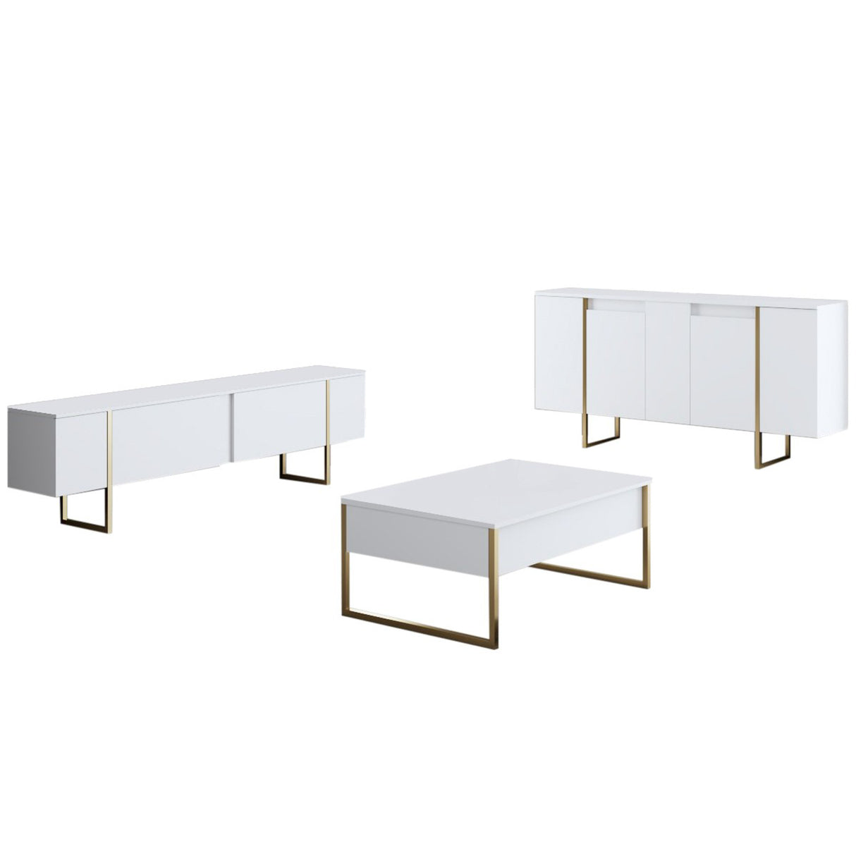 Möbelset White Luxury - Couchtisch + TV-Schrank + Sideboard - Goldener Rahmen